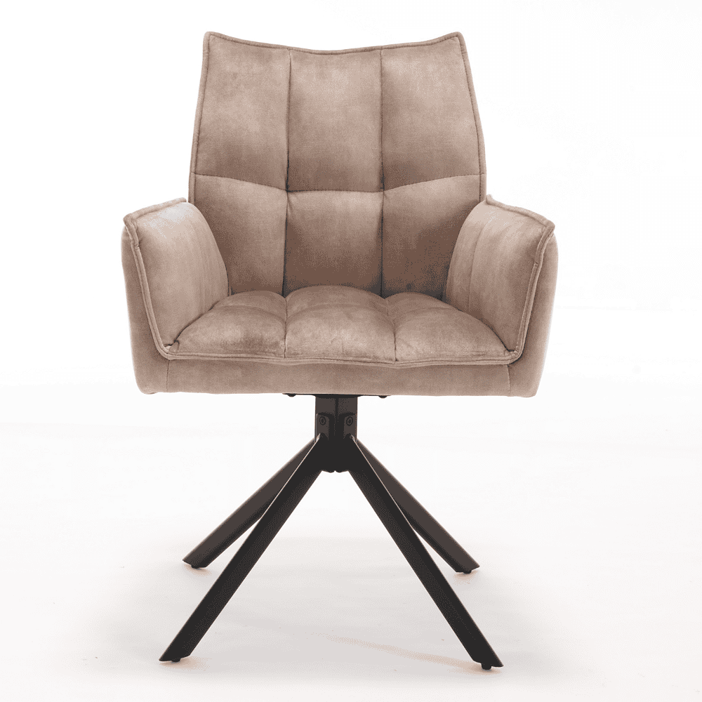 Comfortabele velvet vintage draaifauteuil met zwarte centrale poot en modern design, perfect voor stijlvolle living ruimtes.