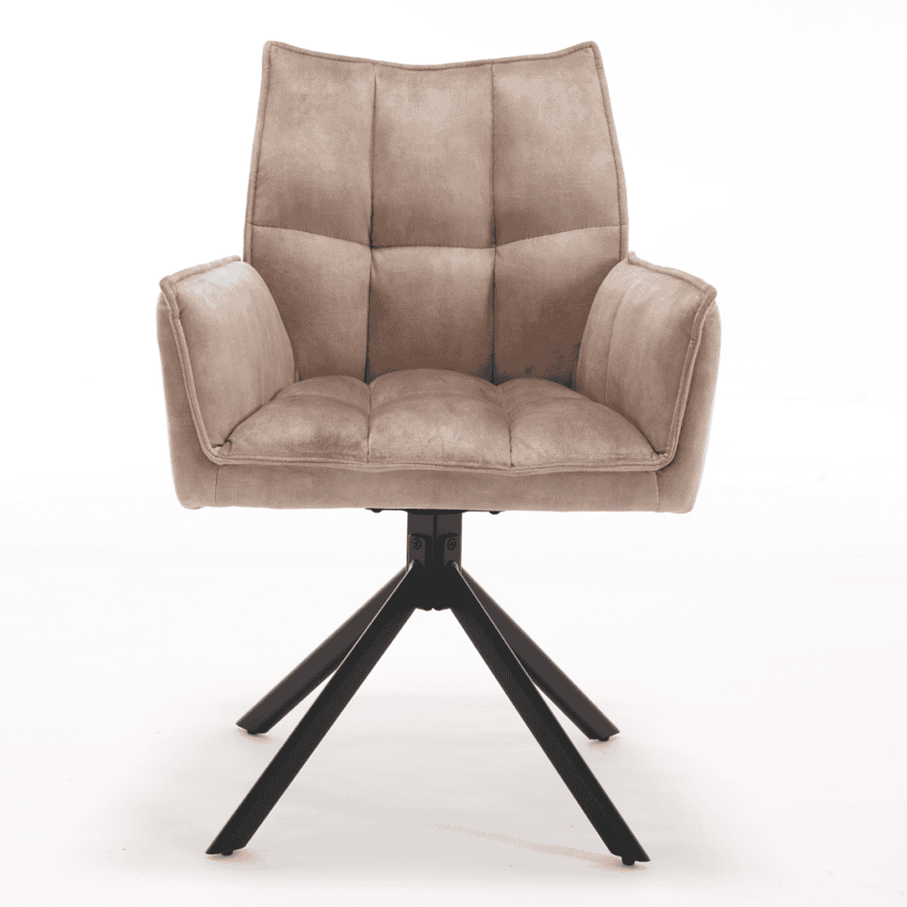 Vintage kastanjebruine gestoffeerde eetkamerstoel met zwart metalen pootonderstel, elegante en comfortabele design voor modern en klassiek interieur.