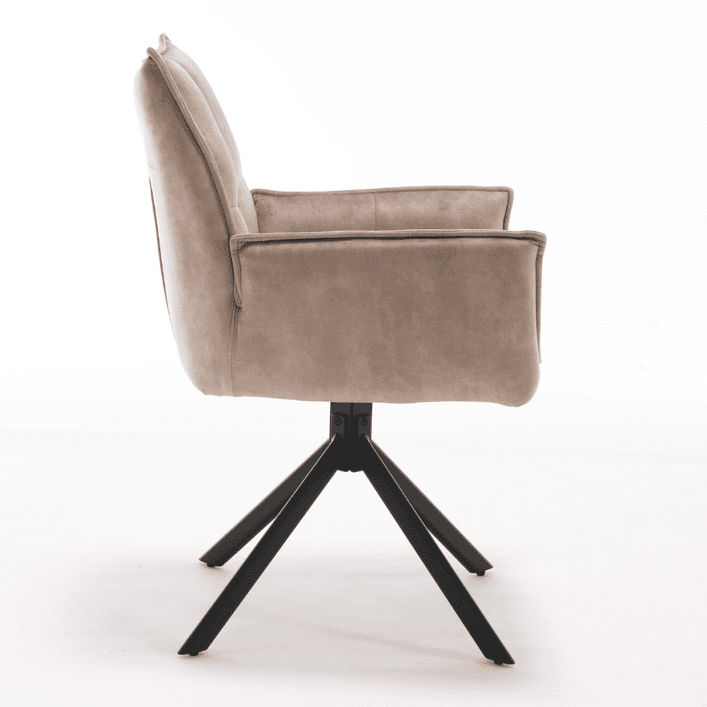 Strak eetkamerfauteuil met velvet bekleding en zwarte houten onderstel, modern meubelontwerp, comfortabele zithoek, stijlvolle en duurzame meubelstijl, perfect voor een eigentijdse woonruimte.
