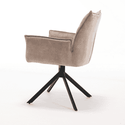 Elegante beige stoffen draaistoel met zwarte metalen poot, perfect voor modern interieur en comfortabele zithouding.