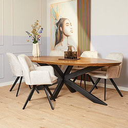 Eettafel van massief hout met zwart metalen onderstel, moderne woonkamer eethoek, stijlvolle woonaccessoires, design meubelen, Mokana Meubelen.