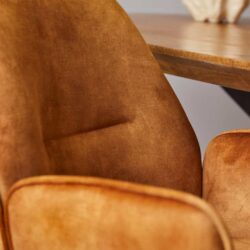 Luxe oranje fluwelen fauteuil met vintage uitstraling, gecombineerd met houten tafel voor een stijlvolle woon- of kantoorruimte. Perfect voor een warme, uitnodigende sfeer.