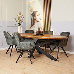Kwalitatieve eettafel met houten bladd, modern design en zwarte metalen onderstel, perfect voor gezellige diners en ontmoetingen in elke eetkamer.