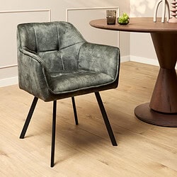 Vintage marmer grijze fauteuil met houten poten, ideaal voor industrieel interieur.
