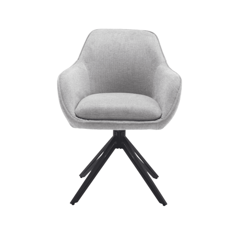 Modern grijs stoffen eetkamerstoel met zwarte houten onderstel, comfortabel design en optimale zitervaring.