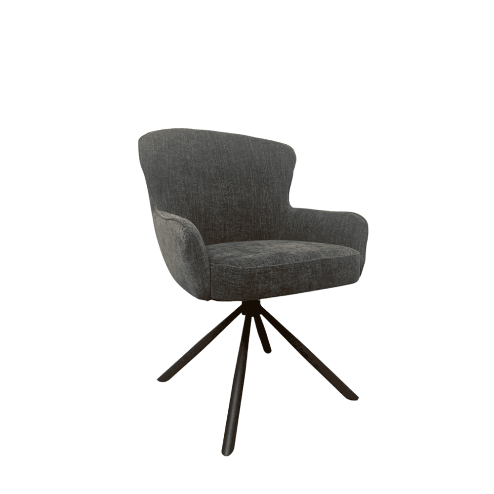 Houten barkruk met comfortabele, gestoffeerde zitting en rugleuning in donkergrijze stof met draaibaar onderstel op draaipoots voor dining en lounge.