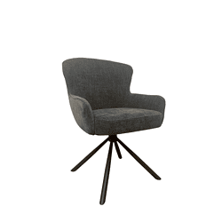 Houten barkruk met comfortabele, gestoffeerde zitting en rugleuning in donkergrijze stof met draaibaar onderstel op draaipoots voor dining en lounge.