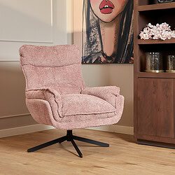 Lichtroze stoffen lounge fauteuil met zwarte poot, comfortabel en modern design, ideaal voor woonkamer en interieur.