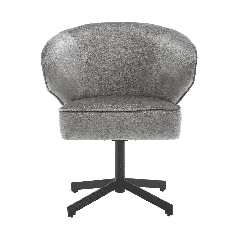 Eetkamerstoel met een modern design, bekleed met zachte grijze stof en een draaibaar onderstel voor comfort en stijl.