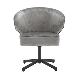 Eetkamerstoel met een modern design, bekleed met zachte grijze stof en een draaibaar onderstel voor comfort en stijl.