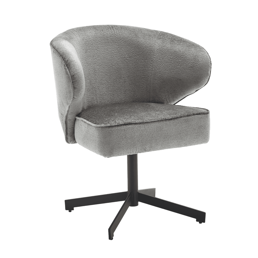 Zachte grijze velvet bureaustoel met draaibare metalen voet en comfortabele armleuningen, perfect voor modern kantoor of thuiskantoor.