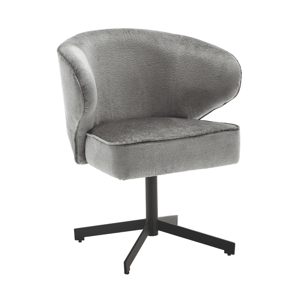 Elegante grijze draaistoel met stoffen bekleding en zwarte kruisvoet, perfect voor modern interieur en comfortabele zitervaring.