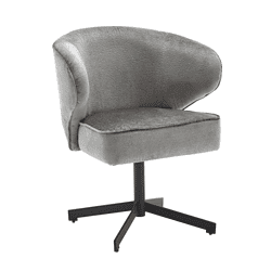 Elegante grijze draaistoel met stoffen bekleding en zwarte kruisvoet, perfect voor modern interieur en comfortabele zitervaring.
