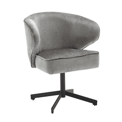 Zachte grijze velvet bureaustoel met draaibare metalen voet en comfortabele armleuningen, perfect voor modern kantoor of thuiskantoor.