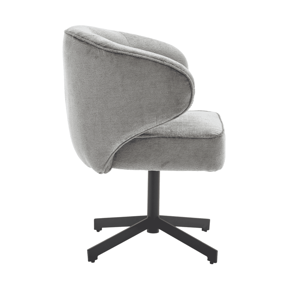 Minimalistische design bureaustoel met zachte grijze bekleding en zwart metalen onderstel. Perfect voor stijlvol werken of ontspannen in je thuiskantoor.