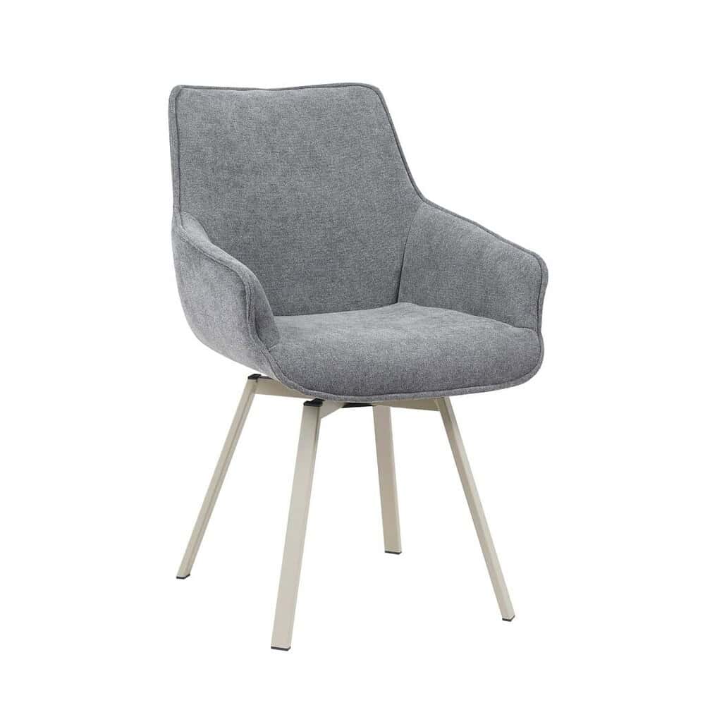 Elegante grijze eetkamerstoel met geweven stof en houten poten, perfect voor een moderne eetkamer of kantoor. Comfortabele en stijlvolle meubelkeuze van Mokana Meubelen.