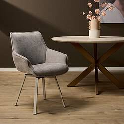 Modern meubelstoel in grijze stof, elegant design, perfect voor een stijlvolle eetkamer of woonkamer. Gemaakt door Mokana Meubelen, veelzijdig en comfortabel.