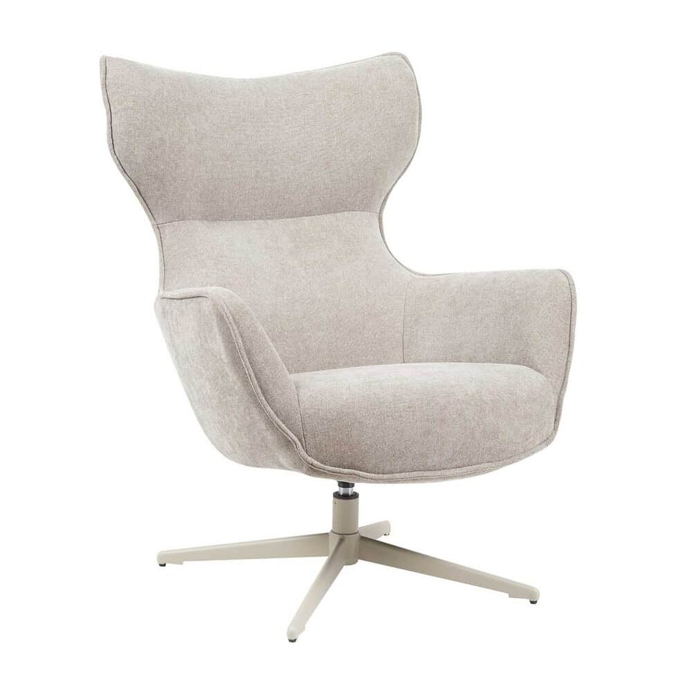 Grote comfortabele lounge stoel met hoge rugleuning en draaibaar onderstel, bekleed met lichtgrijze stof voor een moderne en stijlvolle uitstraling.