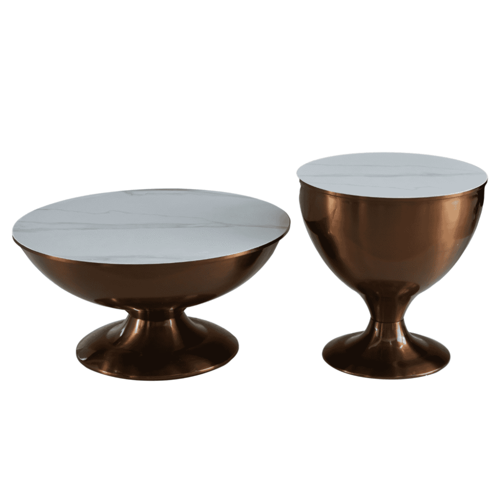 Elegant set van twee centrale salontafels met marmeren top en bronzen basis, perfect voor modern interieur en luxe woonstijl. Geschikt voor woonkamer decoratie en stijlvolle inrichting.