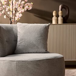 Elegant woonkamerset met comfortabele lichtgrijze stoffering en stijlvolle decoratieve accessoires, perfect voor een modern interieur.
