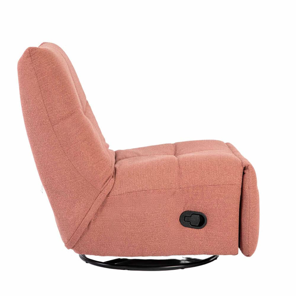 Lounge stoel met rustgevende rozekleurige bekleding en verstelbaar mechanisme, perfect voor modern interieur en comfort.