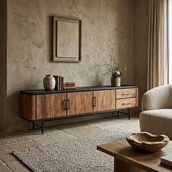 Elegant TV meubel Somo van teakhout met zwart blad, modern design voor stijlvolle woonkamers.