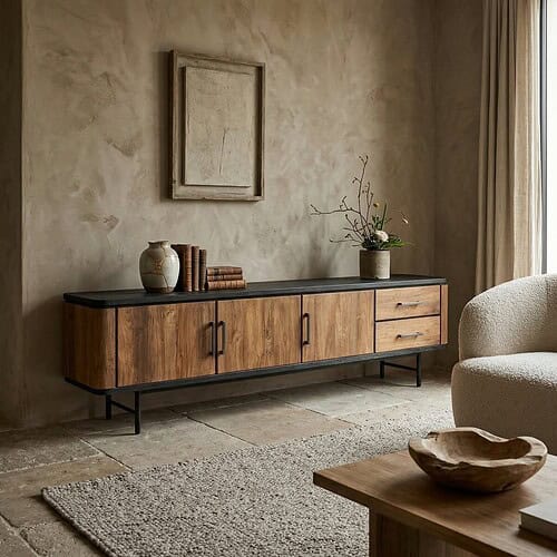 Elegant TV meubel Somo van teakhout met zwart blad, modern design voor stijlvolle woonkamers.