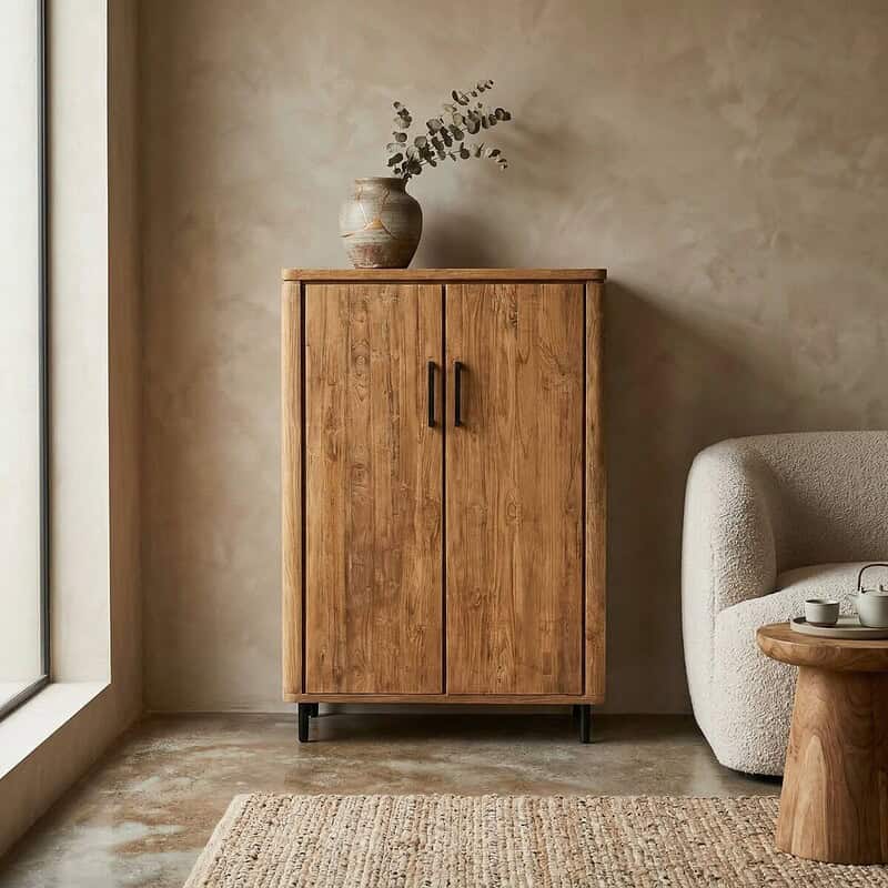 Elegant houten dressoir Somo van 110cm in teakhout, perfect voor moderne en landelijke interieurs, biedt ruime opbergruimte en een natuurlijke uitstraling.