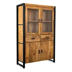 Massief houten buffetkast met zwart metalen frame, rustiek design, ideaal voor woonkamer of keuken, op maat gemaakt door Mokana Meubelen.