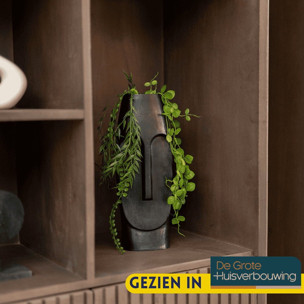 Elegant zwarte vaas met levendige groene planten voor moderne woonkamer decoratie.