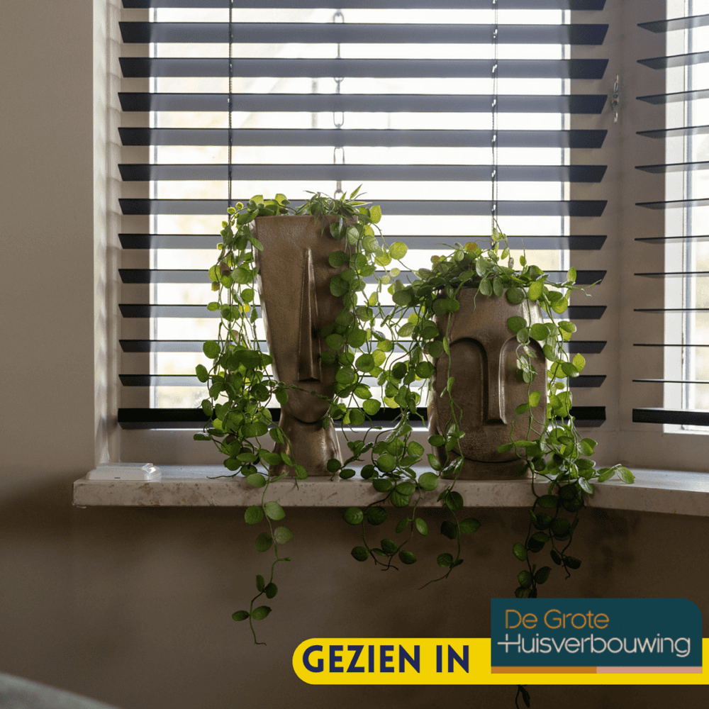 Moderne muurdecoraties met vazen en groene planten in een woninginterieur.