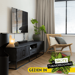 Modern woonkamer met landelijke Mokana meubelen, design tv-meubel en natuurlijke plant voor een gezellige en stijlvolle interieurafwerking.