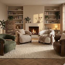 Knusse woonkamer met moderne en comfortabele bankstellen, sfeervolle open haard, boekenplanken en gezellige verlichting, perfect voor een warm en stijlvol interieur.