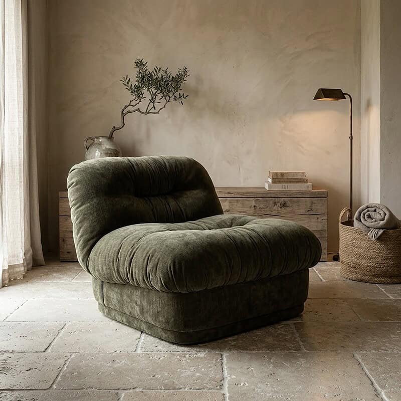 Comfortabele groene lounge fauteuil Nook in een stijlvolle, minimalistische woonkamer met natuurlijke elementen en zachte verlichting.