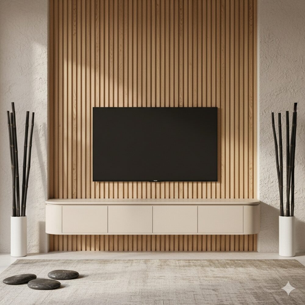 Zwevend tv meubel Excellent van Starfurn in Japandi ronde stijl zand kleur met warme uitstraling