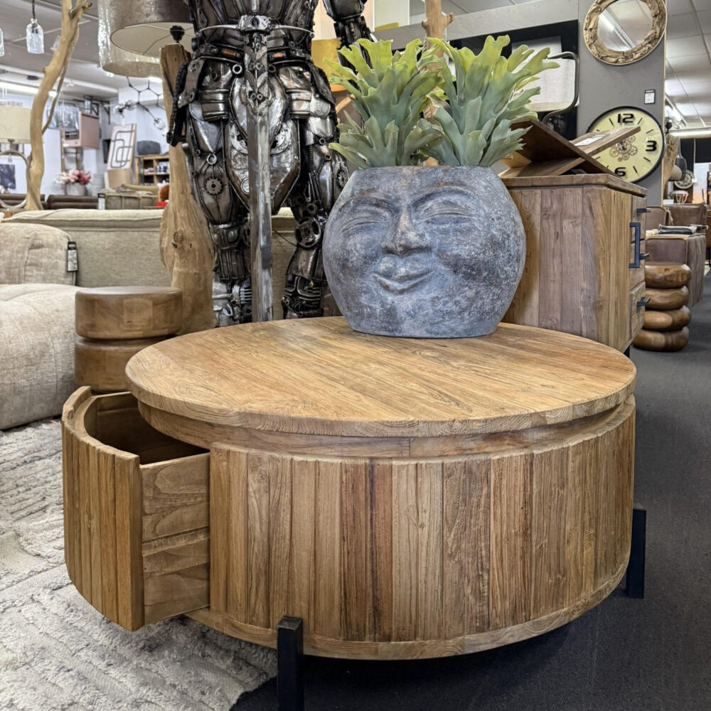Unieke salontafel rond 100cm massief teakhout geborsteld