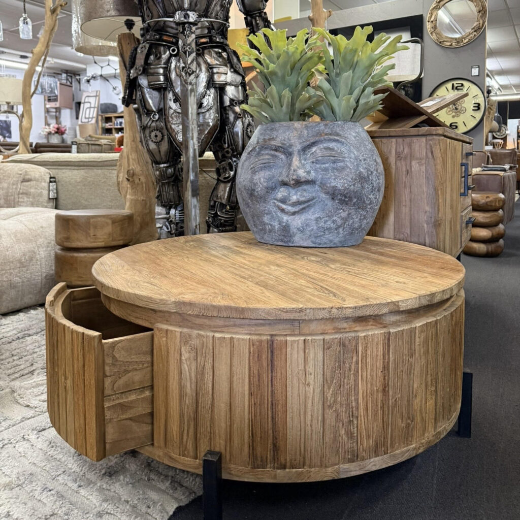Unieke salontafel rond 100cm massief teakhout geborsteld