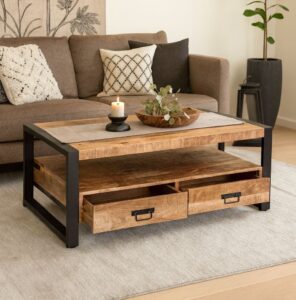 Hoogwaardig houten salontafel met zwart metalen frame, rustieke uitstraling en opbergruimte, modern industrieel design voor woonkamer, Mokana Meubelen.