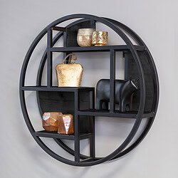 Stevige ronde zwarte wandplank met diverse decoratieve vazen en diervoorwerpen, perfect voor een moderne en stijlvolle inrichting.
