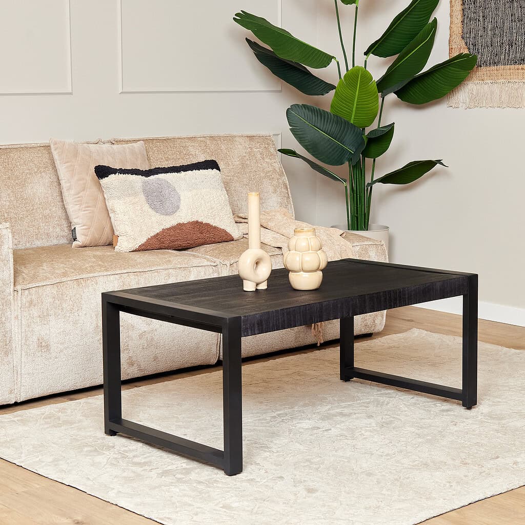 Roodbruine bank met beige kussens en zwart salontafel met decoratieve vaas en kaarsen in een moderne woonkamer met grote groene plant en witte muur.