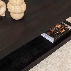 Sfeervolle zwarte houtlook salontafel met boeken en keramische decoratie.