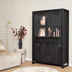 Robuuste zwarte eiken vitrinekast met glazen deuren voor elegante opbergoplossingen.