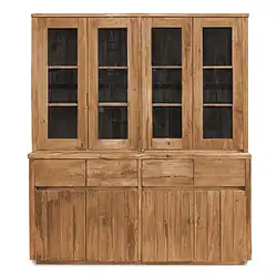 Steigerhouten vitrinekast met glazen deuren en opbergladen, ideaal voor authentiek woonstijl.
