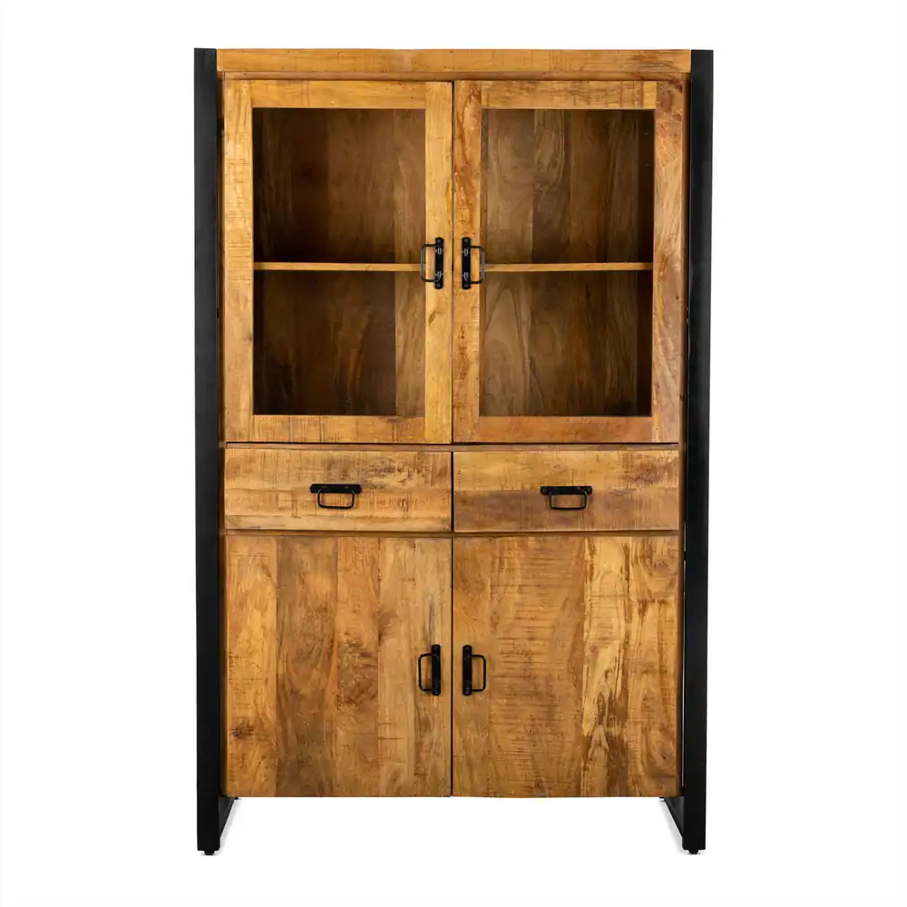 Massief houten vitrinekast met zwart metalen accenten, perfect voor industrieel interieur. Handgemaakt, duurzame houten materialen en strak design passen in modern en landelijk woonstijl.