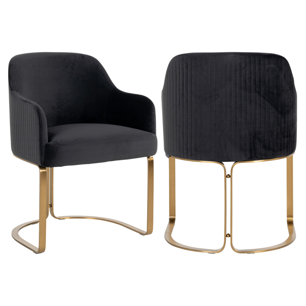 Luxueuze zwarte velvet fauteuils met goudkleurige metalen poot en moderne uitstraling, perfect voor stijlvolle woon- of kantoorinterieurs.