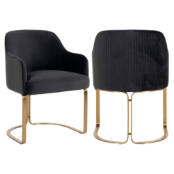 Luxueuze zwarte velvet fauteuils met goudkleurige metalen poot en moderne uitstraling, perfect voor stijlvolle woon- of kantoorinterieurs.