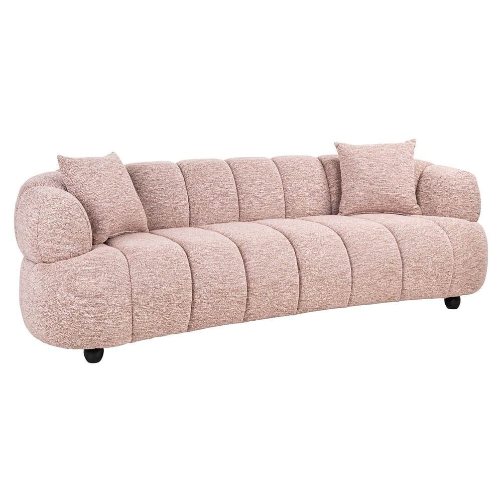 Zachte roze gestoffeerde bank met moderne rondvorm en comfortabele kussens, perfect voor stijlvolle woonruimtes en lounges.