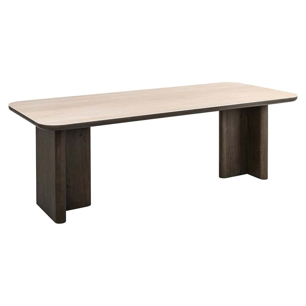 Strakke eettafel van massief hout met een unieke combinatie van licht en donker hout, perfect voor een moderne woonstijl en hoogwaardige Mokana meubelen.