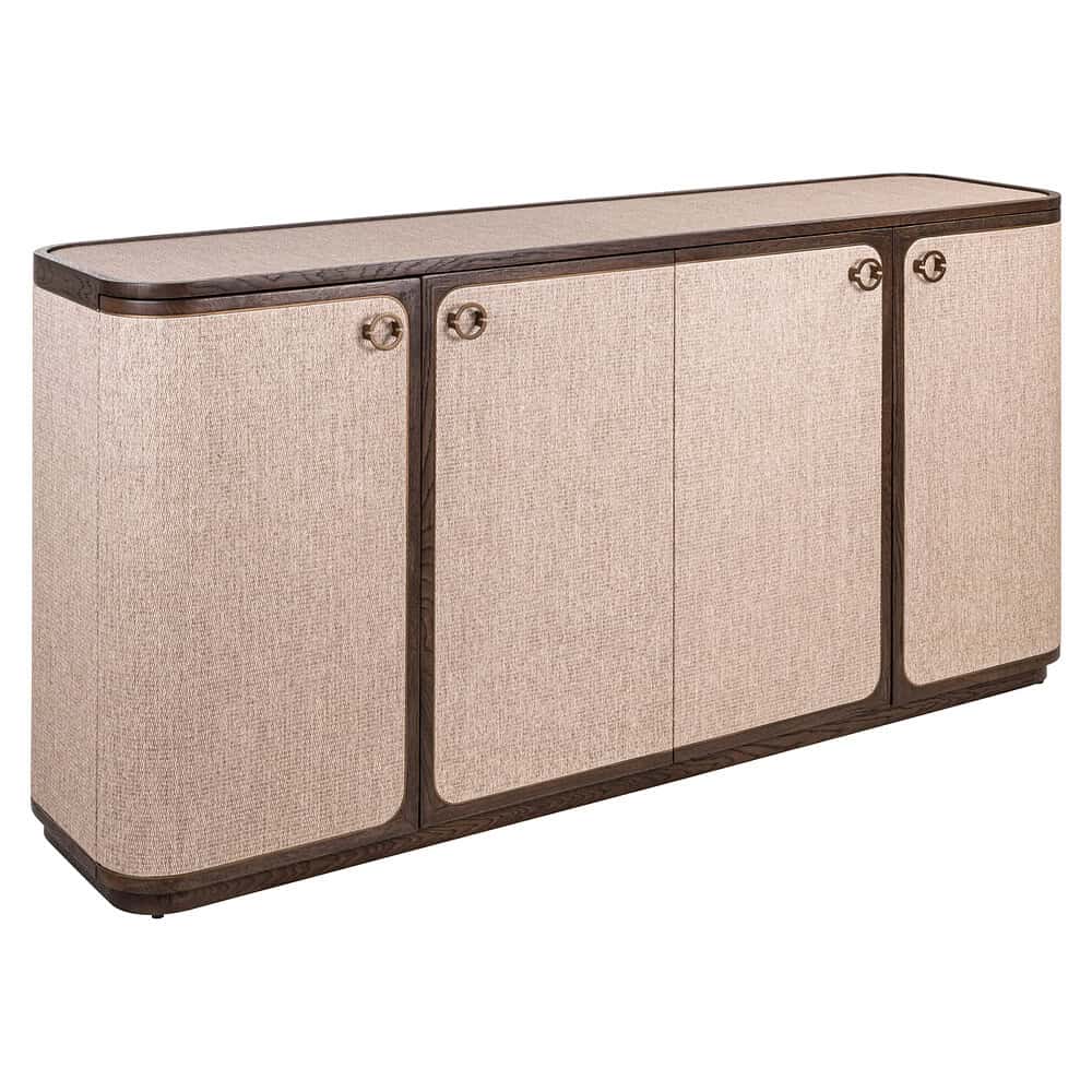 Elegante houten dressoir met beige stofferen deuren en een donkere houten rand, ideaal voor uw woonkamer of hal.