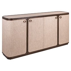 Elegante houten dressoir met beige stofferen deuren en een donkere houten rand, ideaal voor uw woonkamer of hal.